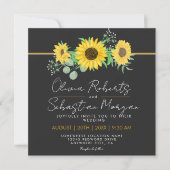 水彩イエローサンフラワーズブラックスクエア結婚ズ 招待状 (正面)