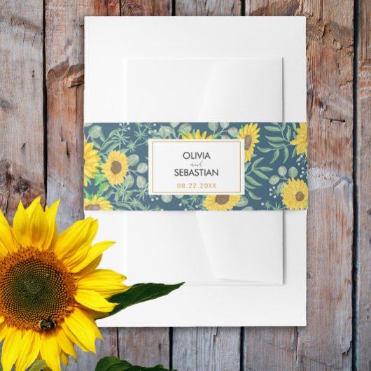 水彩イエローサンフラワーネイビーブルー結婚ズ 招待状ベリーバンド