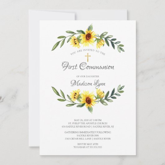水彩イエローサンフラワーファースト聖餐式 招待状 (正面)