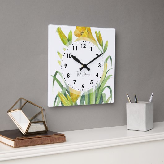 水彩イエローデイライズフラワーイラストレーション スクエア壁時計 (オフィス)