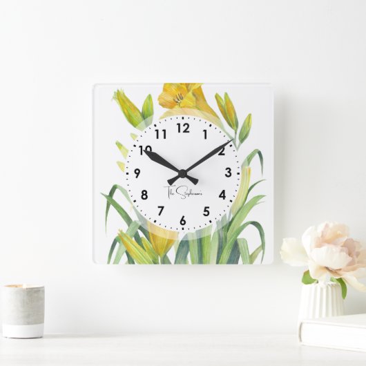 水彩イエローデイライズフラワーイラストレーション スクエア壁時計 (ホーム)