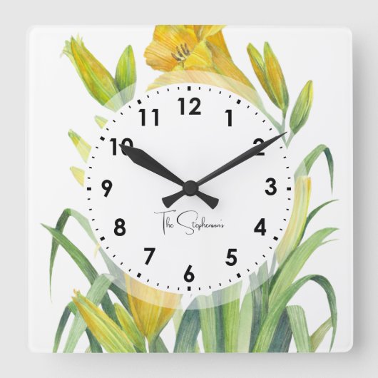 水彩イエローデイライズフラワーイラストレーション スクエア壁時計 (正面)