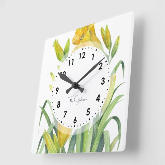 水彩イエローデイライズフラワーイラストレーション スクエア壁時計 (傾斜)