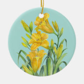 水彩イエローデイライリーフローライラストレーションC セラミックオーナメント (正面)