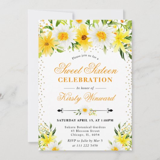 水彩イエローフラワーズ&デイジーズスウィート16 招待状 (正面)