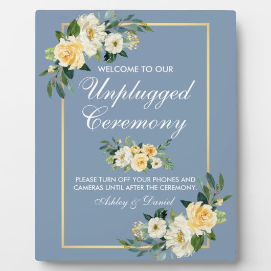 水彩イエローフローラほこりっぽい青プラグなし フォトプラーク (正面)