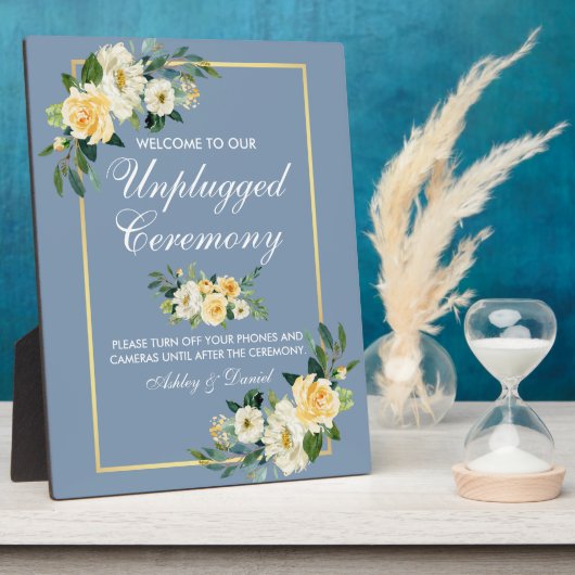 水彩イエローフローラほこりっぽい青プラグなし フォトプラーク (側面)