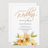 水彩イエローフローラタイポグラフィ結婚ズ 招待状 (正面/裏面)