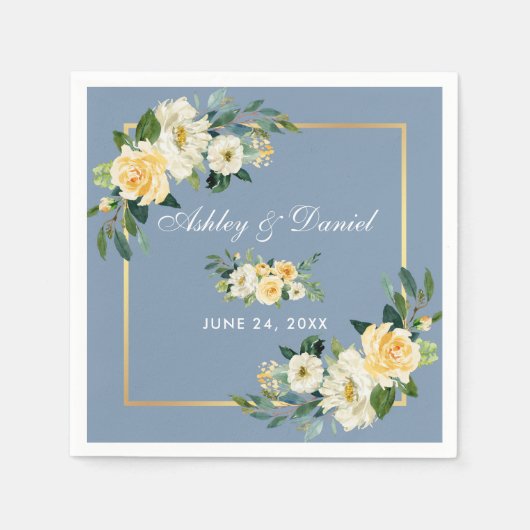 水彩イエローフローラダスティブルー結婚ズ スタンダードカクテルナプキン (正面)