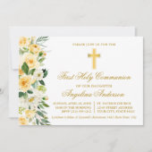 水彩イエローフローラルゴールドのファーストコミュニオン 招待状 (正面)