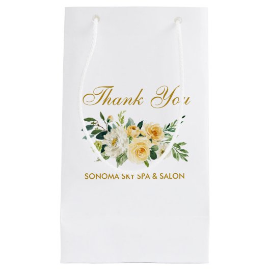 水彩イエローフローラ金ゴールドエレガントありがとう スモールペーパーバッグ (正面)
