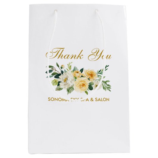 水彩イエローフローラ金ゴールドエレガントありがとう ミディアムペーパーバッグ (正面)