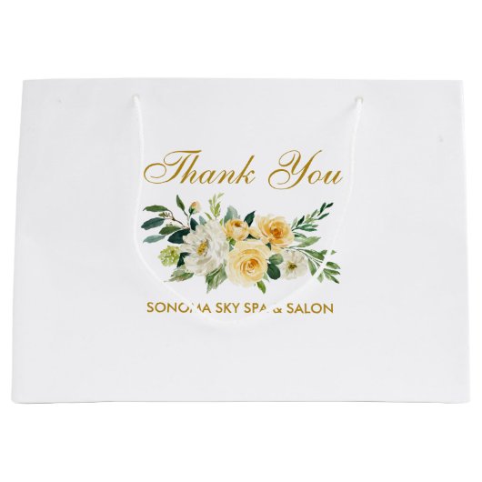 水彩イエローフローラ金ゴールドエレガントありがとう ラージペーパーバッグ (正面)