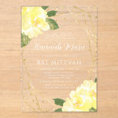 水彩イエローフローラ金ゴールドバルミツワー アクリル招待状 (正面)