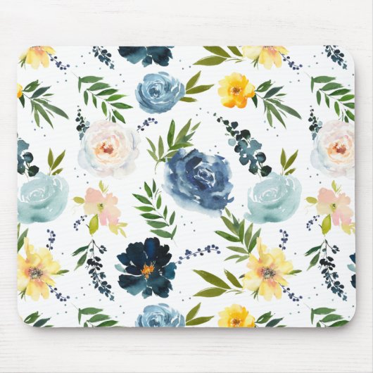 水彩イエローブルーバラシームレスパターン マウスパッド (正面)