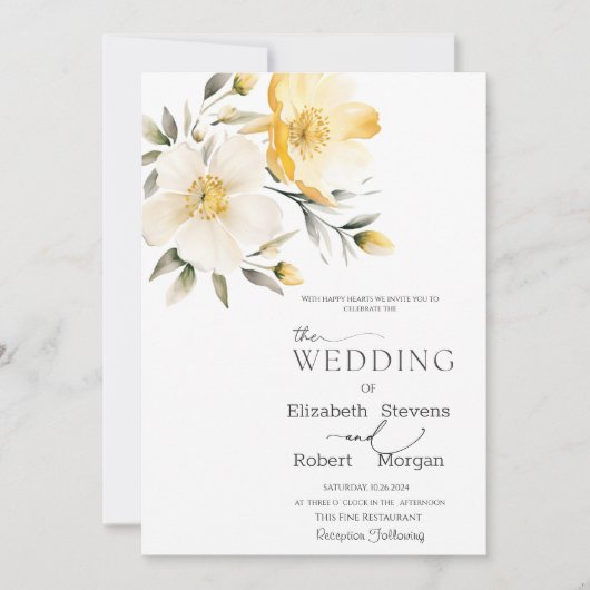 水彩イエローホワイトフラワーズ結婚式招待状 招待状 (正面)