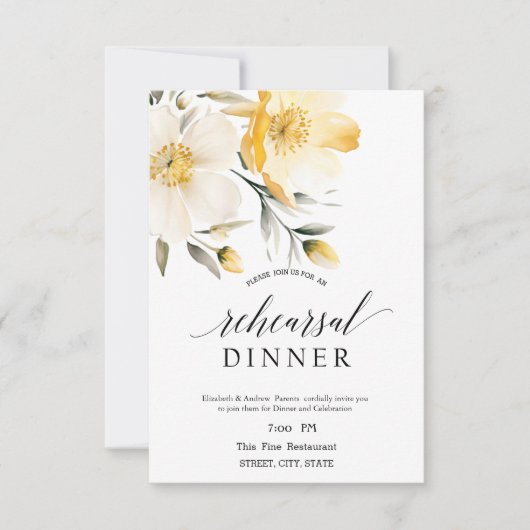 水彩イエローホワイトフラワーリハーサルディナー 招待状 (正面)
