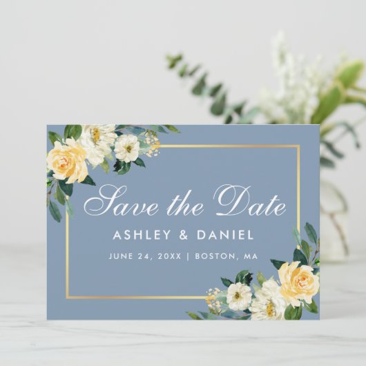 水彩イエローホワイトフローラダスティブルー セーブザデート (スタンド正面)