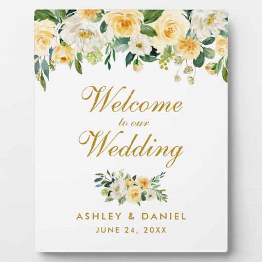 水彩イエローホワイトフローラ結婚の歓迎 フォトプラーク (正面)