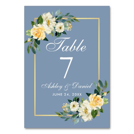 水彩イエローホワイトフローラ結婚金ゴールド テーブルナンバー (正面)