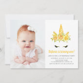 水彩イエローユニコーンフローラ第1誕生日 招待状 (正面)