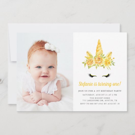 水彩イエローユニコーンフローラ第1誕生日 招待状 (正面)