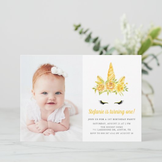 水彩イエローユニコーンフローラ第1誕生日 招待状 (スタンド正面)