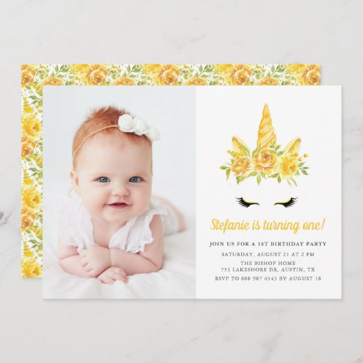 水彩イエローユニコーンフローラ第1誕生日 招待状 (正面/裏面)