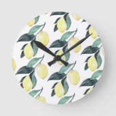 水彩イエローレモンのシームレスパターン ラウンド壁時計 (正面)