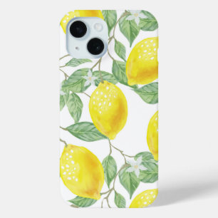 水彩イエローレモンの花と葉のカスタム iPhone 15ケース