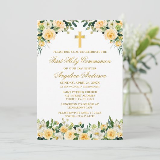 水彩イエローローズホワイトフローラ聖餐式 招待状 (スタンド正面)