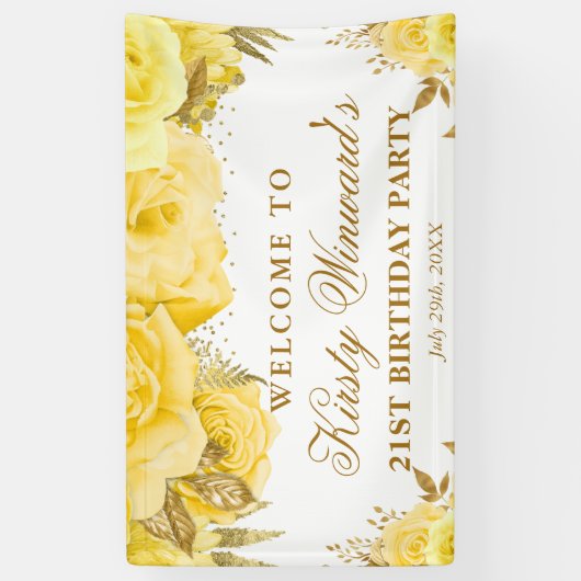 水彩イエロー金ゴールドバラ誕生日ようこそ 横断幕 (縦)
