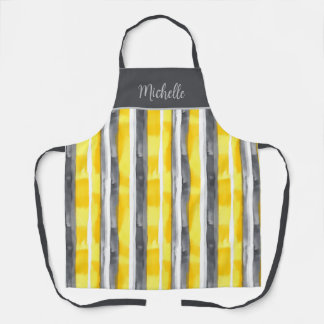水彩イエロー グレー ホワイト ストライプ エプロン