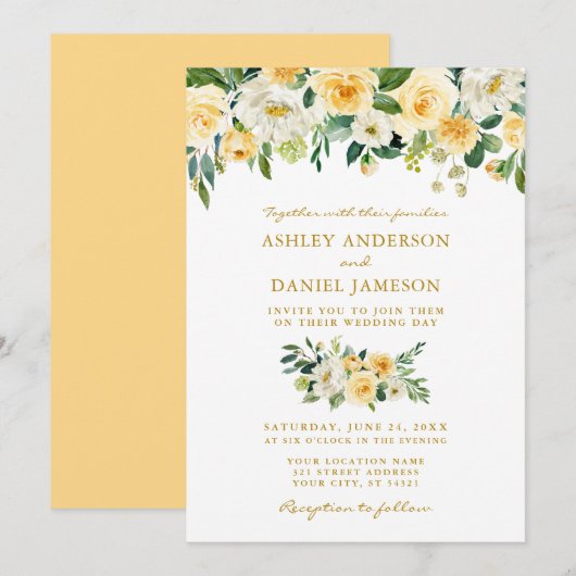 水彩イエロー ホワイト フラワー ウェディング ゴールド 招待状 (正面/裏面)