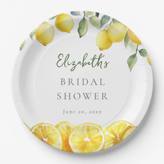 水彩イエロー レモン シトラス ブライダルシャワー ペーパープレート (正面)