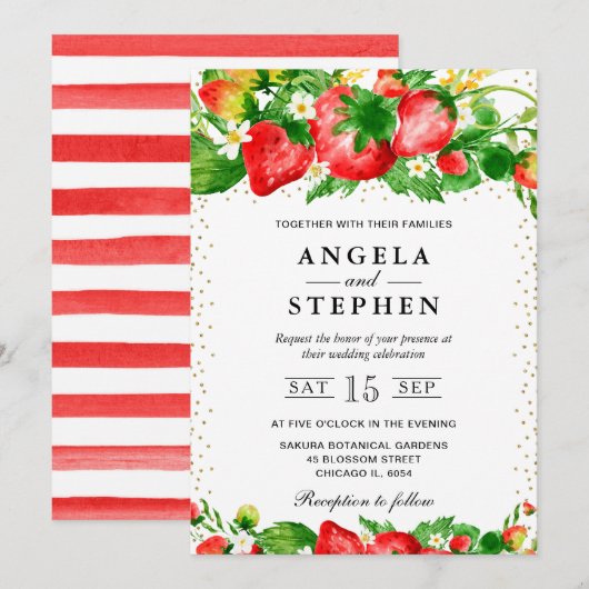 水彩イチゴと花のウェディング 招待状 (正面/裏面)