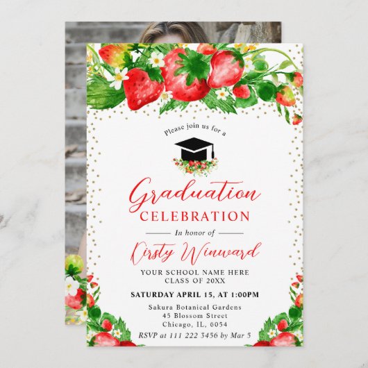 水彩イチゴと花の卒業 招待状 (正面/裏面)