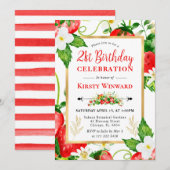 水彩イチゴと花21歳の誕生日 招待状 (正面/裏面)