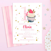 水彩イチゴのカップケーキ 1歳の誕生日招待状