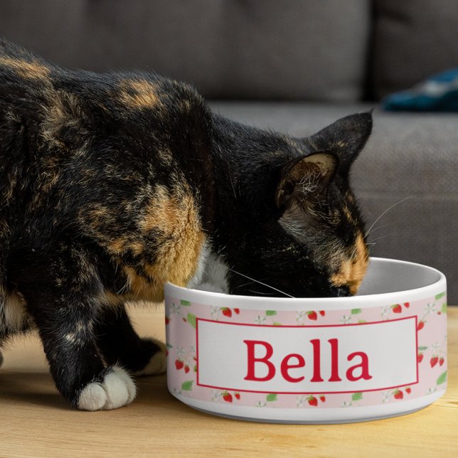 水彩イチゴの花模様のペット ボウル (Delightful pet bowl: Customized with watercolor strawberry blossoms!)