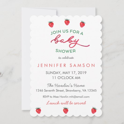 水彩イチゴベビーシャワー招待状ピンク 招待状 (正面)