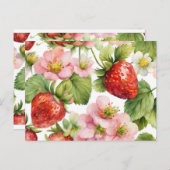 水彩イチゴ果実とピンクの花 ポストカード (正面/裏面)