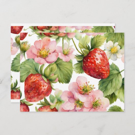 水彩イチゴ果実とピンクの花 ポストカード (正面/裏面)