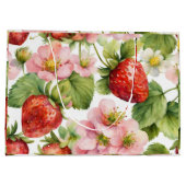 水彩イチゴ果実とピンクの花 ラージペーパーバッグ (裏面)