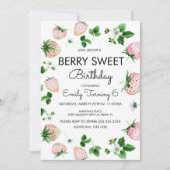 水彩イチゴ白ピンク誕生日パーティー 招待状 (正面)