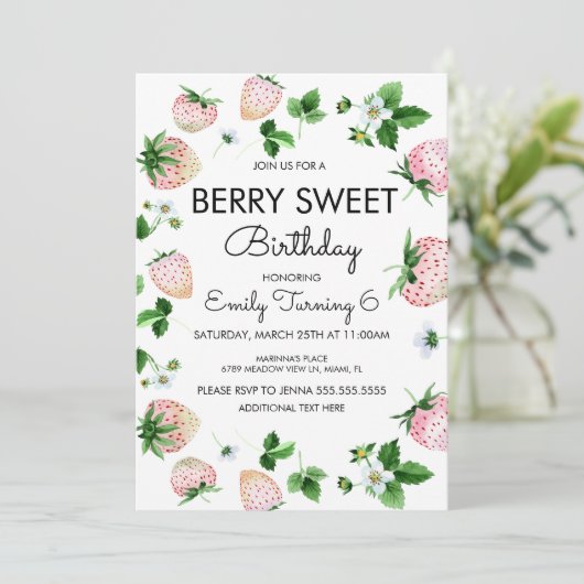 水彩イチゴ白ピンク誕生日パーティー 招待状 (スタンド正面)