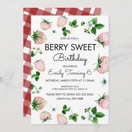 水彩イチゴ白ピンク誕生日パーティー 招待状 (正面/裏面)