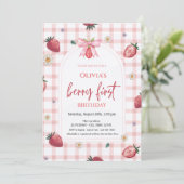 水彩イチゴ赤い格子模様1st誕生日 招待状 (スタンド正面)