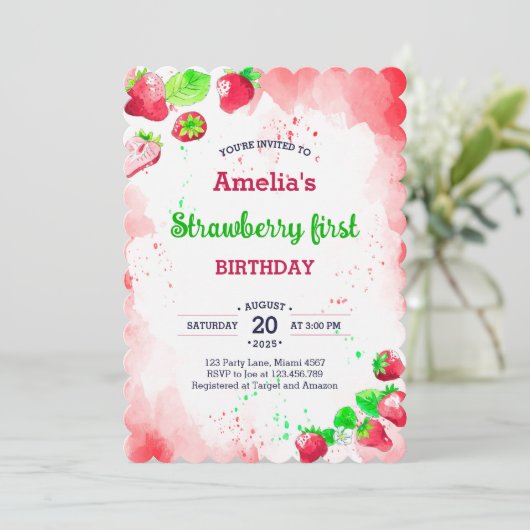 水彩イチゴ 1歳の誕生日 スイート ヴィブラント 招待状 (スタンド正面)