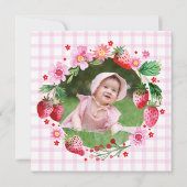 水彩イラストの苺の女の子 1歳の誕生日写真 招待状 (裏面)